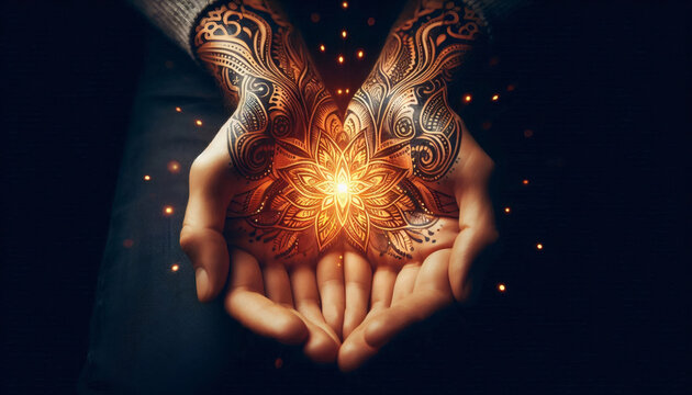 Henna-verzierte H&auml;nde halten ein leuchtendes Mandala, das warme Lichtstrahlen aussendet. Der dunkle Hintergrund betont die spirituelle, energetische Wirkung des Motivs.