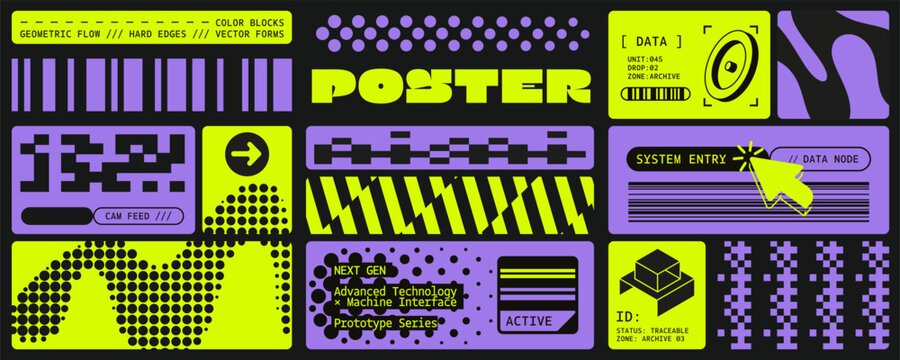Modular bento grid with neon green and purple futuristic elements, halftone patterns, pixel shape. Geometric abstract line and graphic modern poster