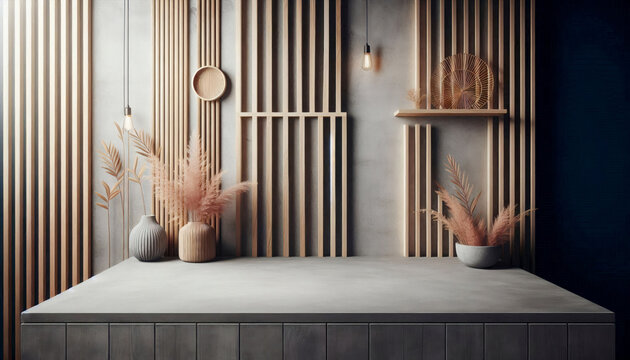 Ein modernes Interieur mit Betonfl&auml;che, Holzlamellenwand und dekorativen Vasen mit Pampasgras. Neutrale Farben und warmes Licht schaffen eine ruhige, zeitlose Wohnatmosph&auml;re.
