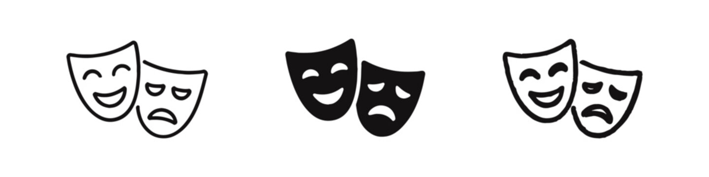 Comedy and tragedy theater masks icon set. Ancient Greek drama symbols for acting and emotions.