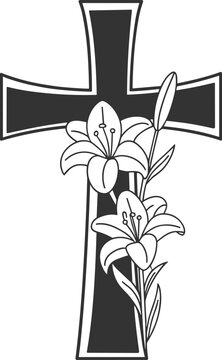 Christian cross with lily flowers vector illustration, religious symbol design, elegant spiritual decorative artwork