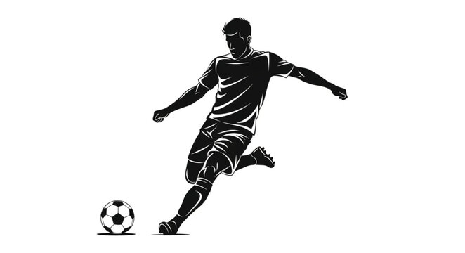 Silhouette of a soccer player kicking a ball during a game.