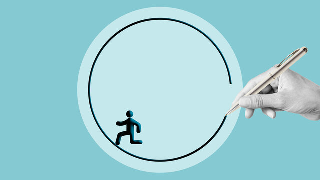 Endless Loop Problem Concept with Person Walking in Circle, Lack of Solution, Repetitive Cycle, Inefficiency, Stagnation and Inability to Solve Issues in Business and Life