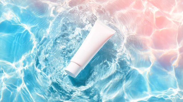 水面に浮かぶ白い化粧品チューブとピンクとブルーの波紋が映えるテクスチャ
