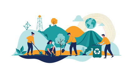 Fototapeta premium Diverse group of people actively participating in environmental conservation efforts, including tree planting, cleaning, and recycling, showcasing global responsibility.