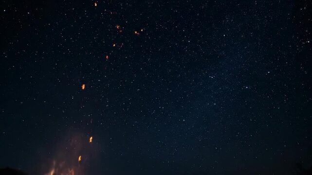 Night sky filled with stars and campfire burning below, dark blue