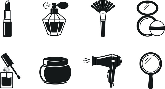 Cosmetic and beauty product icon set featuring black minimalist silhouettes of lipstick perfume makeup brush powder nail polish cream jar hair dryer and mirror isolated on white background