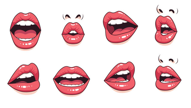 Comprehensive set of eight distinct female mouth and lip expressions, accurately depicting various emotions and communication gestures like talking and smiling.