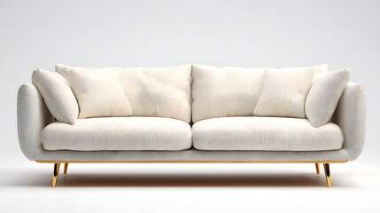Fototapeta premium A stylish, modern sofa with plush cushions and elegant golden legs, inviting relaxation.