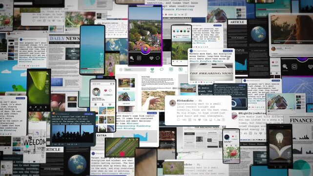 Animated montage of multiple screens displaying social media feeds, videos, and analytics dashboards, capturing the digital lifestyle and the constant interaction with online content.