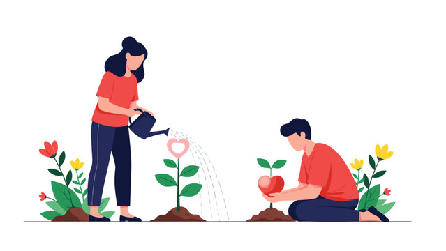 Loving couple nurtures their relationship, planting and watering heart-shaped plants, symbolizing growth, care, and a blossoming bond.
