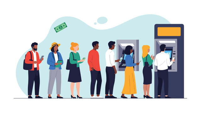 Diverse group of people patiently waiting in line at ATM machines to withdraw money or conduct banking transactions, illustrating financial services access.