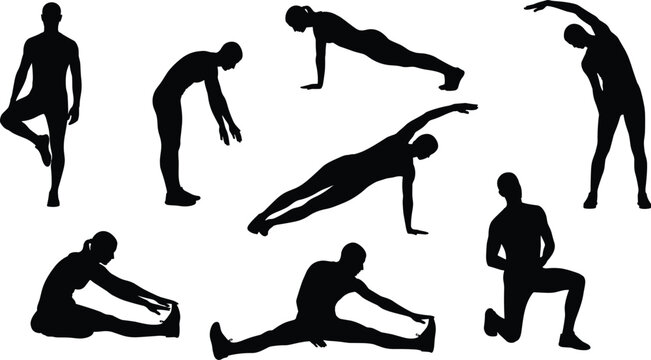 Fitness and yoga silhouette bundle featuring people performing stretching exercises plank poses and workout routines isolated on white background vector illustration