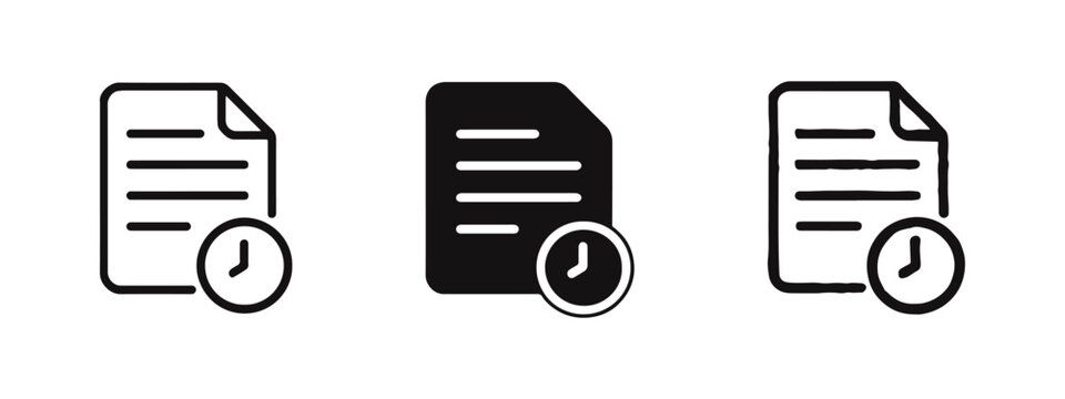 Document with clock icon set. Time-related file management and scheduled task symbol.