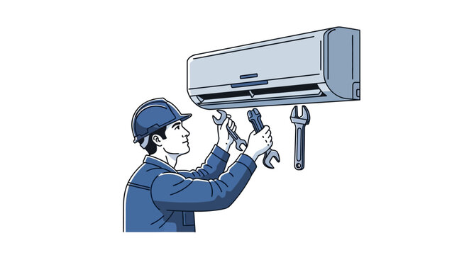 An air conditioning technician in a blue uniform repairs an air conditioner unit with tools, depicted in a vector illustration style on a clean white background.