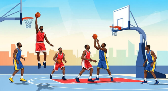 Basketball players compete in an intense game on an outdoor court.