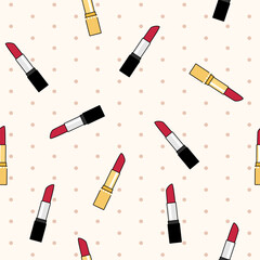 Obraz premium Vector pattern with multicolor lipsticks scattered on light background.