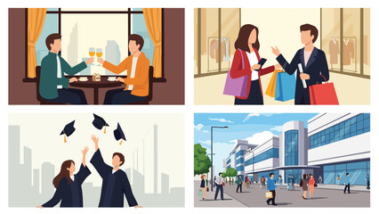 Fototapeta premium Engaging collection of various lifestyle scenes, including dining, shopping, graduation, and people walking in a city, illustrating diverse urban experiences and personal milestones.