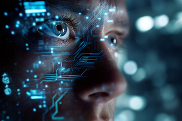 Fototapeta premium Close-up of Human Eye with Digital Circuit Overlay Representing Artificial Intelligence