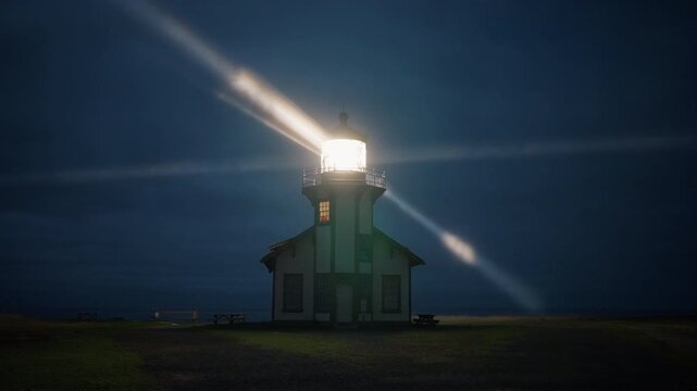 Powerful lighthouse beam sweeping through foggy night sky near Mendocino, California, USA, illuminating coastal landscape and creating cinematic maritime atmosphere with dramatic light rays