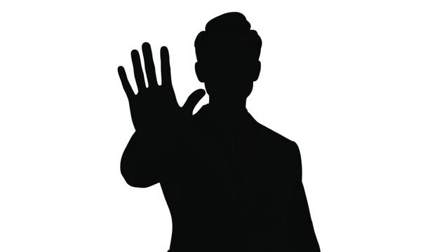 Silhouette of a man in a suit holding one hand up in a clear stop or halt gesture.