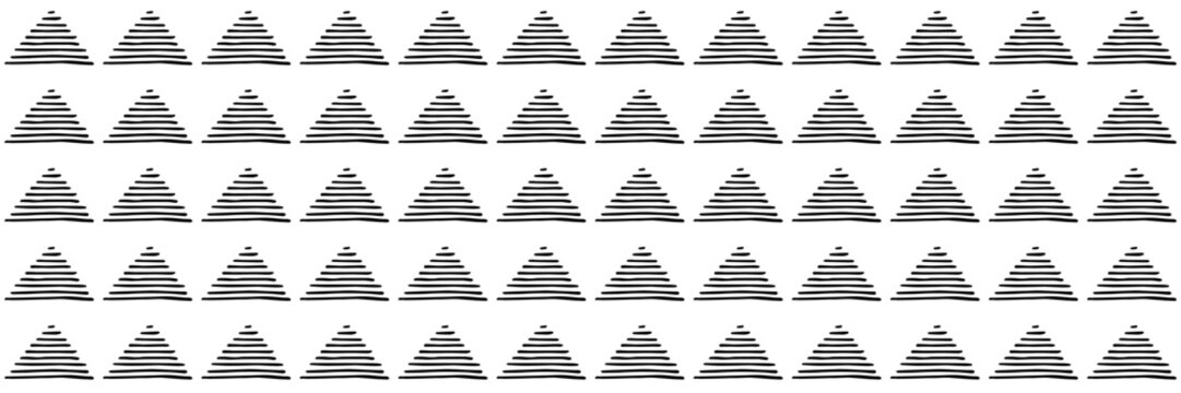 Seamless geometric pattern with hand drawn striped triangles in black on light background. Minimalist abstract texture, modern repeat design for fabric, wallpaper, packaging, textile and branding