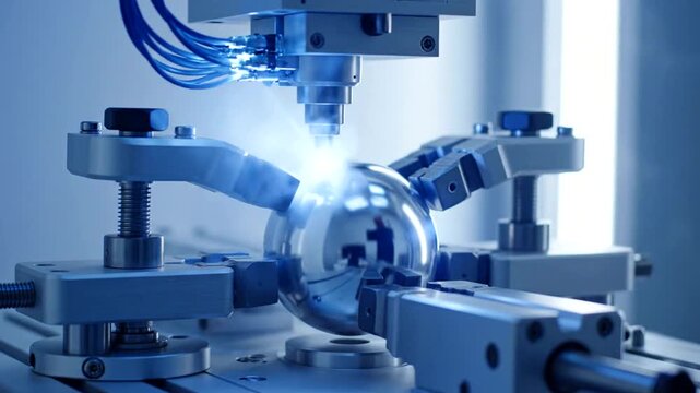 Industrial robotic arm with glass sphere.