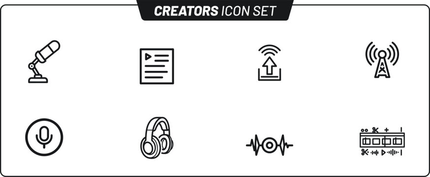 Black and white creators icon set for audio and video production