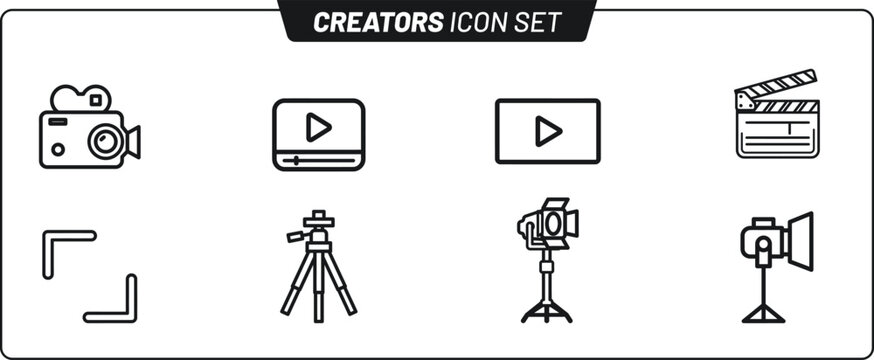 Creators icon set with video production and camera line icons