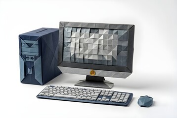 Origami Computer Setup: A creatively crafted origami computer setup, featuring a monitor, keyboard, mouse, and CPU unit, showcases the art of paper folding. 