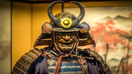Fototapeta premium feudal. Ornate samurai armor with a horned helmet displayed in a museum case, vibrant colors. event programs, museum guides, designed for cultural heritage projects and event programs.