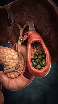 Detailed anatomical view of human gallbladder condition, with numerous gallstones causing cholelithiasis within the bile duct, a significant digestive health ailment