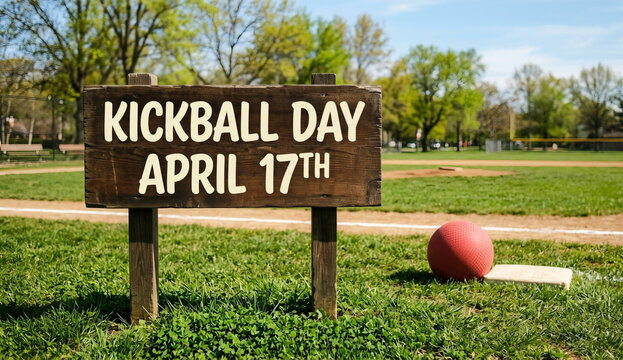 Wooden Sign Celebrating Kickball Day on April 17th at a Public Park