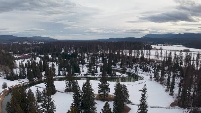 Aerial view of the Flathead River winding through a snowy forest landscape with pine trees and distant mountains near Whitefish, Montana