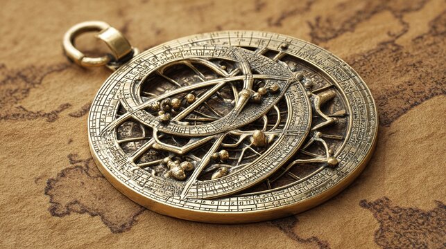 astrolabe. Ancient brass astrolabe resting on aged parchment with warm golden lighting. event programs, museum guides, designed for cultural heritage projects and event programs.