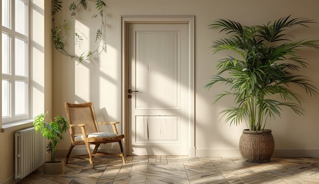 Bright sunlit room with potted plants, rattan chair, window, and closed door, warm atmosphere