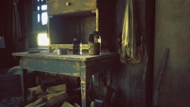Dusty homestead kitchen workspace with shelf. Tin cups, basin and stacked jars on scuffed desk, peg hooks holding cloth and broom, tools leaning against wall,