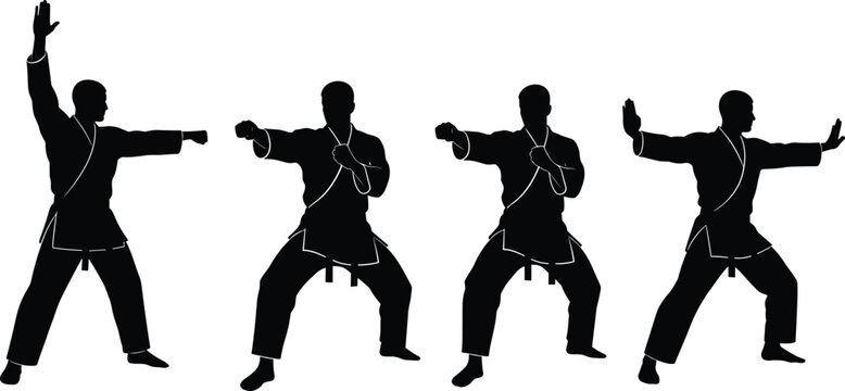 Martial arts silhouette bundle featuring men in karate gi performing powerful punches blocks and stances for combat sports training isolated vector