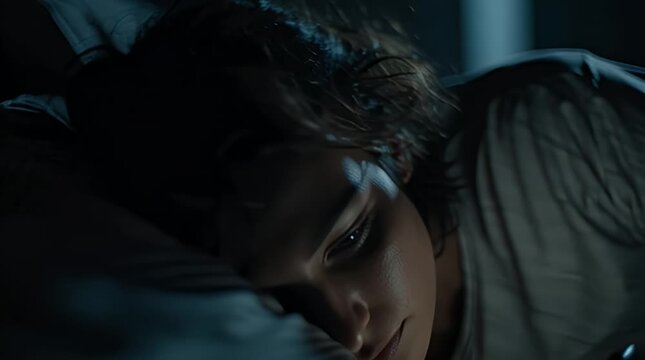 Young woman using smartphone in dark bedroom at night