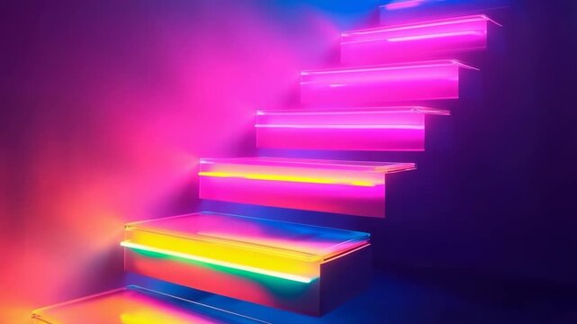 Floating staircase illuminated with vibrant colors creates a modern and artistic focal point in a contemporary interior