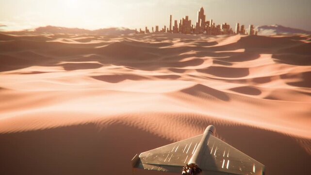 Military Kamikaze Drones Approaching Desert City at Sunset &ndash; Concept of Modern Conflict and Threat