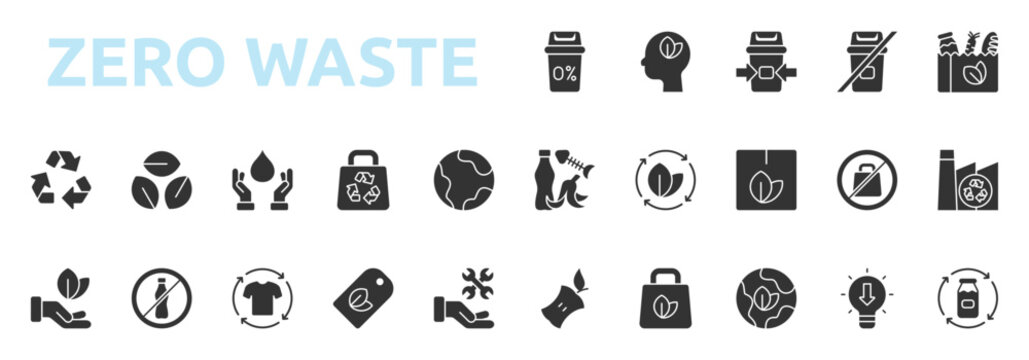 Zero Waste icon glyph style with eco thinking, waste sorting, no waste, eco groceries, organic waste, sustainability icons