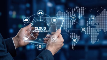 Obraz premium cloud computing, infrastructure, data center, digital transformation, network security, global connectivity, technology showing businessman holding tablet with network cloud icons