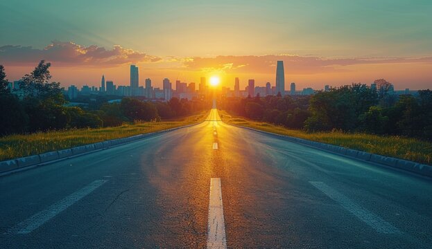 Road stretching to a distant city skyline under a brilliant golden hour sun