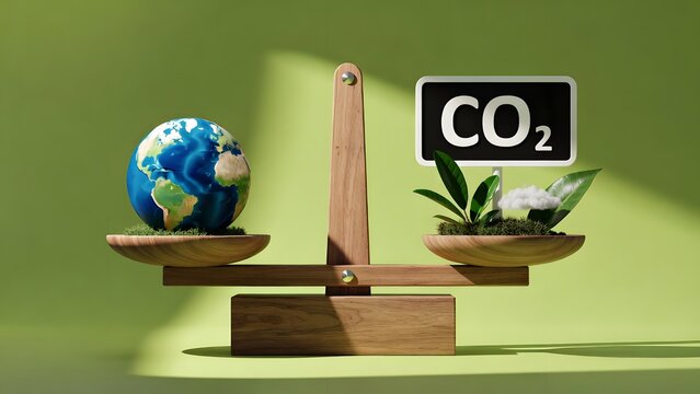 CO2 reduction balance with planet earth and green plants. Net zero strategy and environmental health. Globe on a wooden scale balancing against a seedling under a carbon dioxide sign