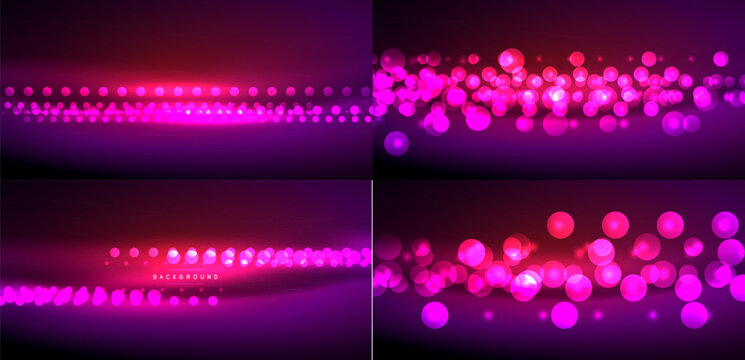 Four abstract backgrounds. Pink, purple hues dominate. Bubbles, dots create dynamic visual effect. Gradient shades present smooth transitions.
