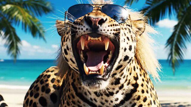 Leopard wearing sunglasses on beach.