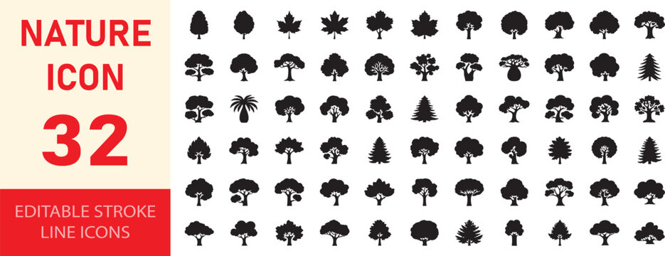 Set of 32 nature icons line, editable stroke, vector