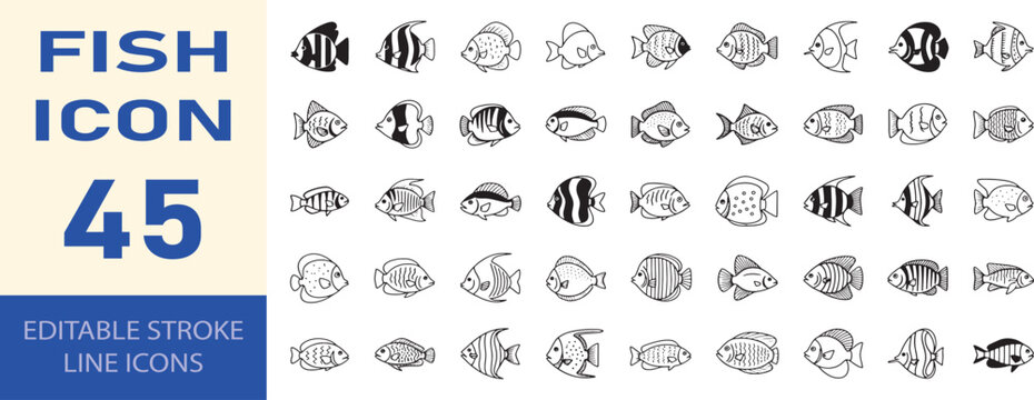 Set of 45 fish icons line, editable stroke, vector