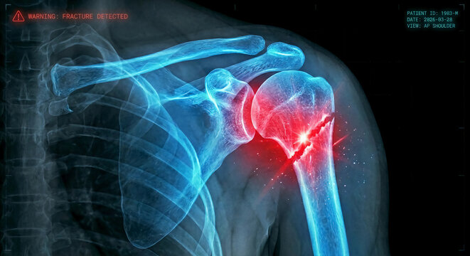 A digital X-ray of a shoulder joint showing a glowing red fracture in the upper humerus bone, with a warning notification on the screen.